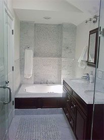 A vanity and bathtub installed as part of an Oak Park bathroom remodel.